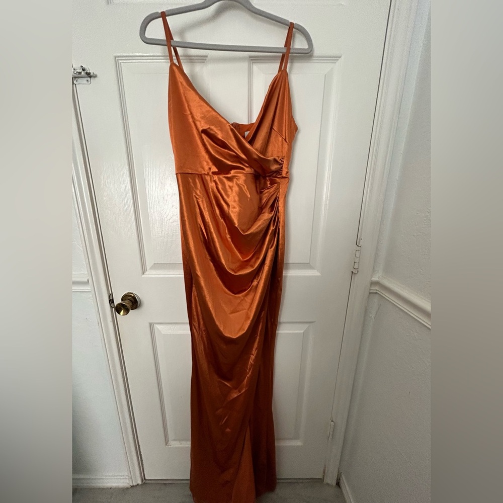 Satin Draped Maxi Dress in Copper Orange